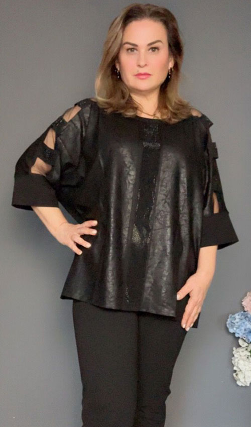 Kol Tül Detaylı Deri Görünümlü Bluz