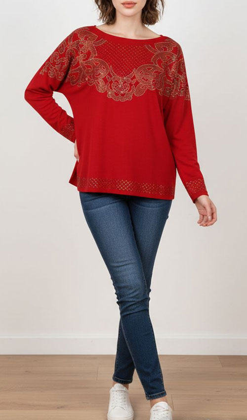 Taş Baskılı Kırmızı Bluz