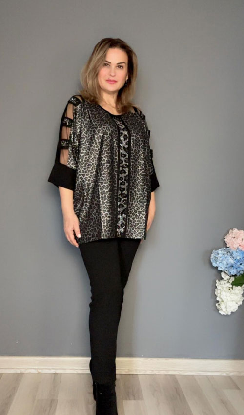 Leopar Desenli  Kol Şeffaf Tül Bluz