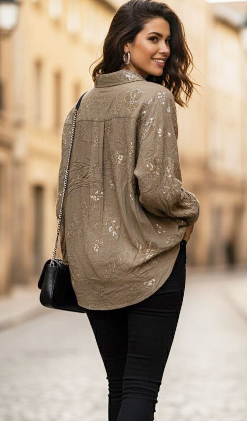 Pul İşlemeli Çiçekli Gömlek