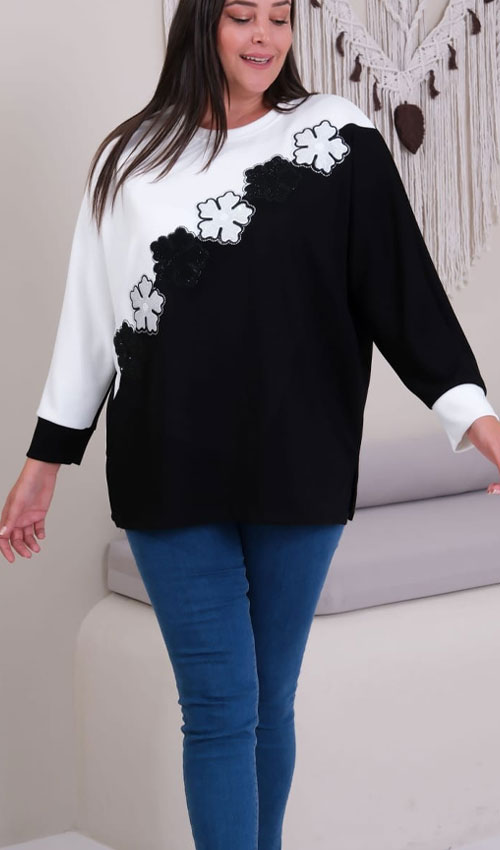 Çiçek Taşlı Yarasa Kol Bluz