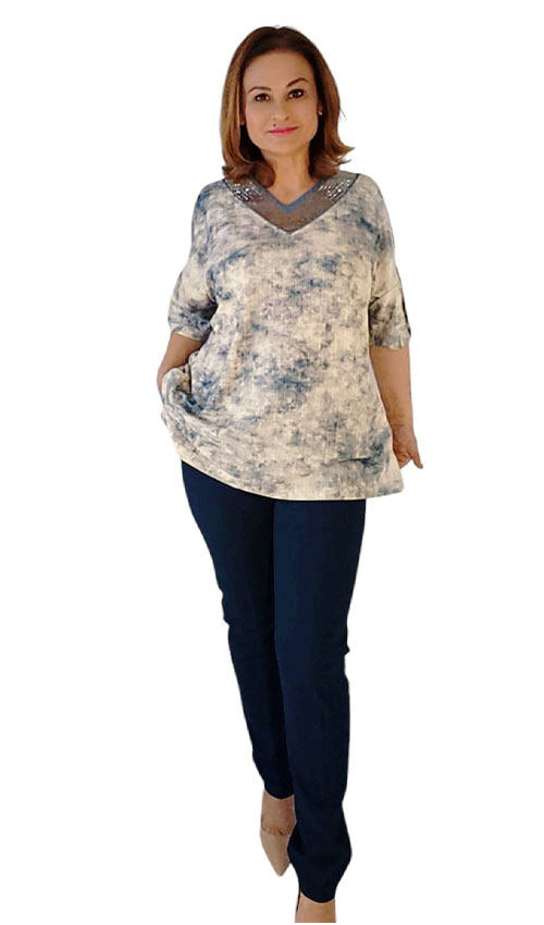 Batik Bluz V Yaka Taş Detaylı