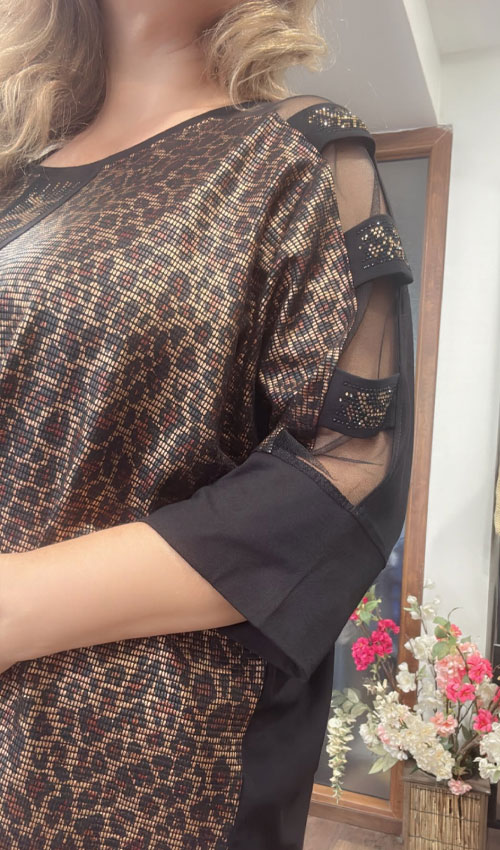 Leopar Desenli  Kol Şeffaf Tül Bluz